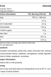 Nutrition label for Novo Nutrition Chocolate Protein Shake, detailing calories, protein, and ingredients for a 330 ml serving.